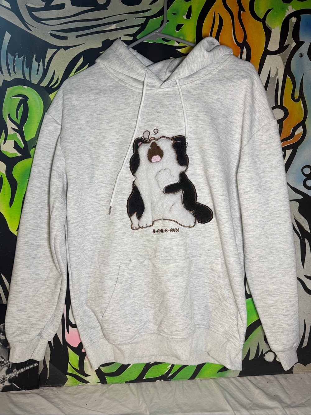 Light Gray Hoodie with Yawning Lazy Cat Fuzzy Design